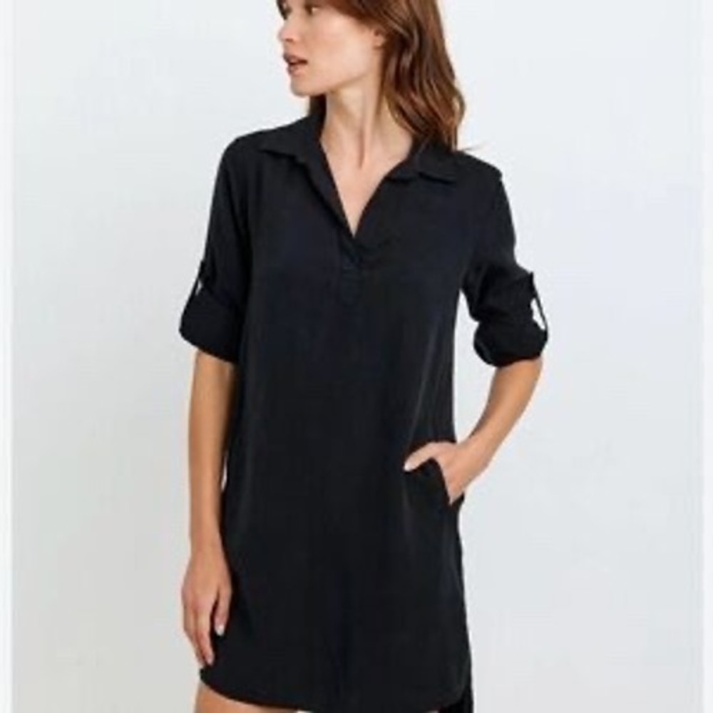 Bella Dahl Black Tencel Lyocell Roll Tab Sleeve Mini Shirtdress Small